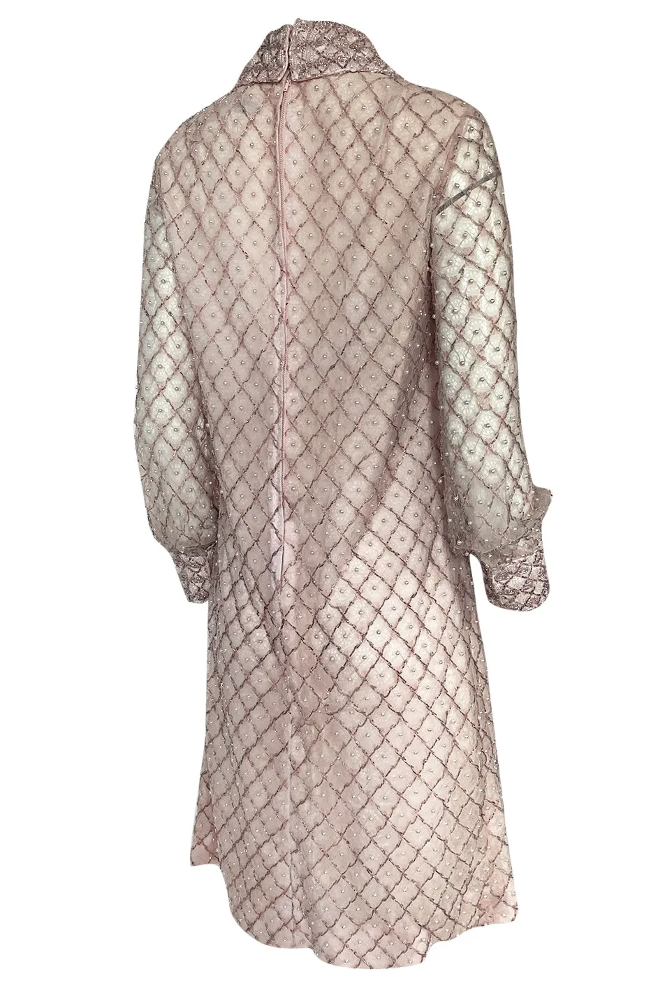 1960s Valentina Inc Pink Beaded Shift Dress w Front Collar Detailing