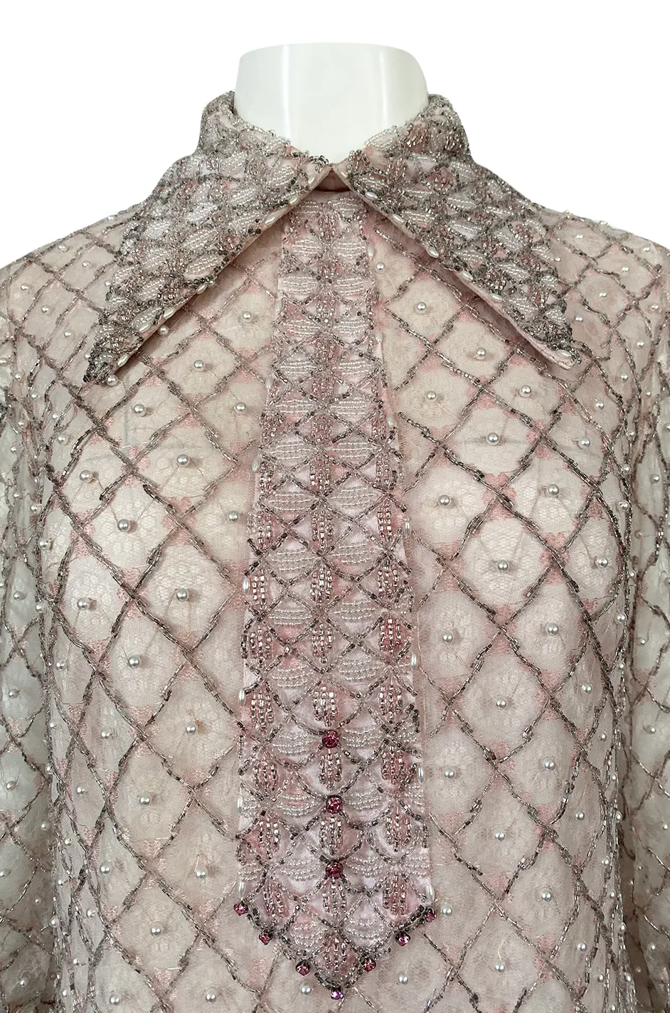 1960s Valentina Inc Pink Beaded Shift Dress w Front Collar Detailing