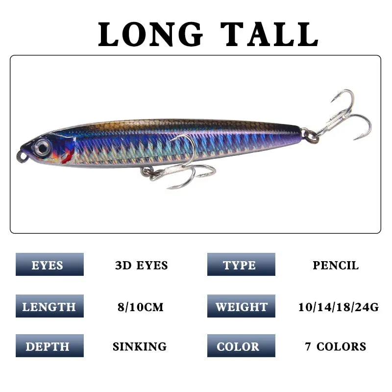 1PCS Pencil Bait Sinking Minnow Fishing Lure 10-24g Bass Trolling Lure Hard Bait Diving Sinking Treble Hooks Fishing Tackle