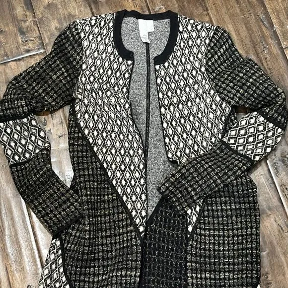2bRYCH VTG Artzy Argyle Diamond Pattern Black Gold Wool Cardigan Sweater‎ Coat S