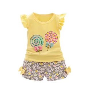 2Pcs Baby Girl Set Lolly Sleeveless T-shirt Tops and Short Print Pants Clothes Set
