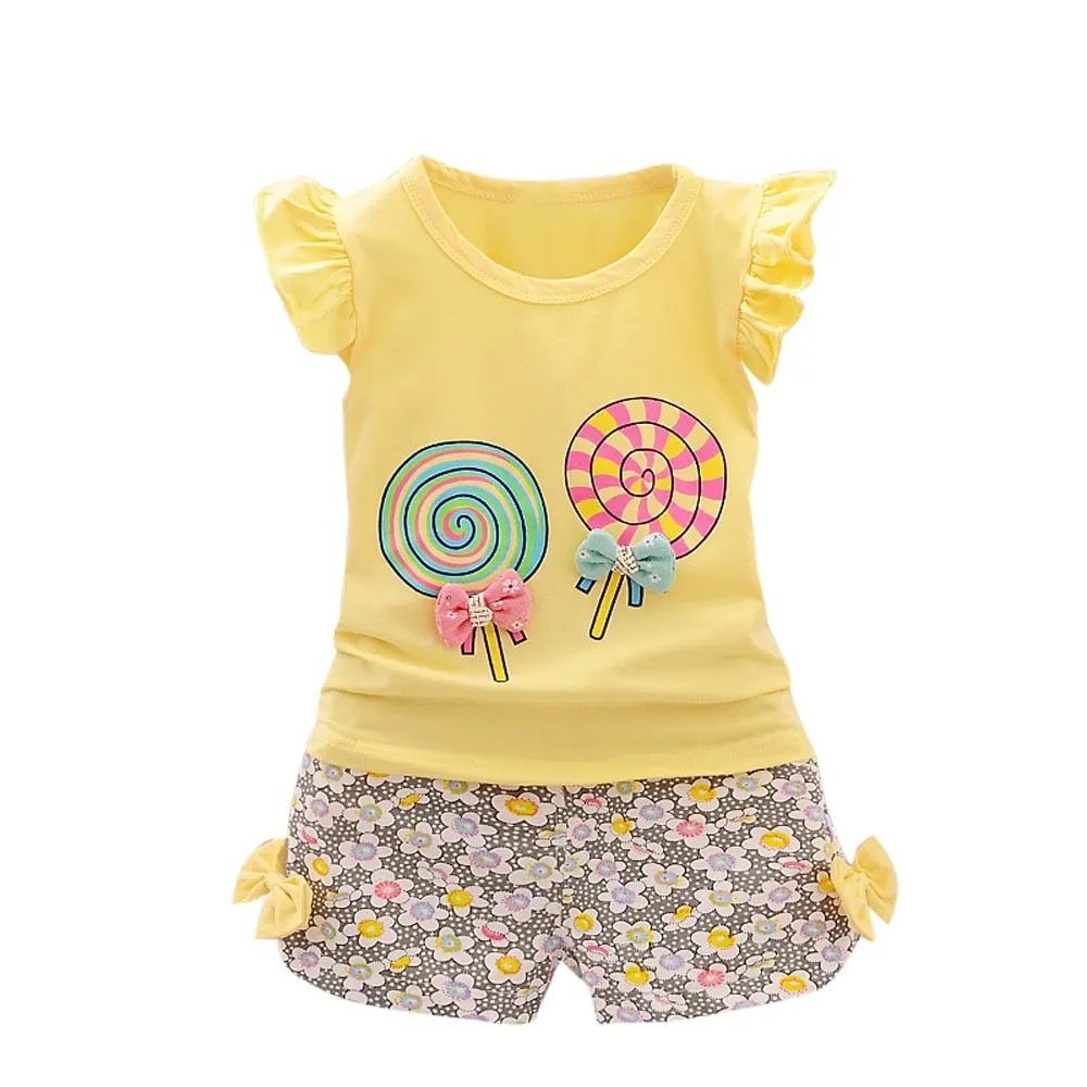 2Pcs Baby Girl Set Lolly Sleeveless T-shirt Tops and Short Print Pants Clothes Set