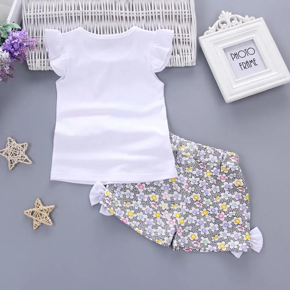 2Pcs Baby Girl Set Lolly Sleeveless T-shirt Tops and Short Print Pants Clothes Set