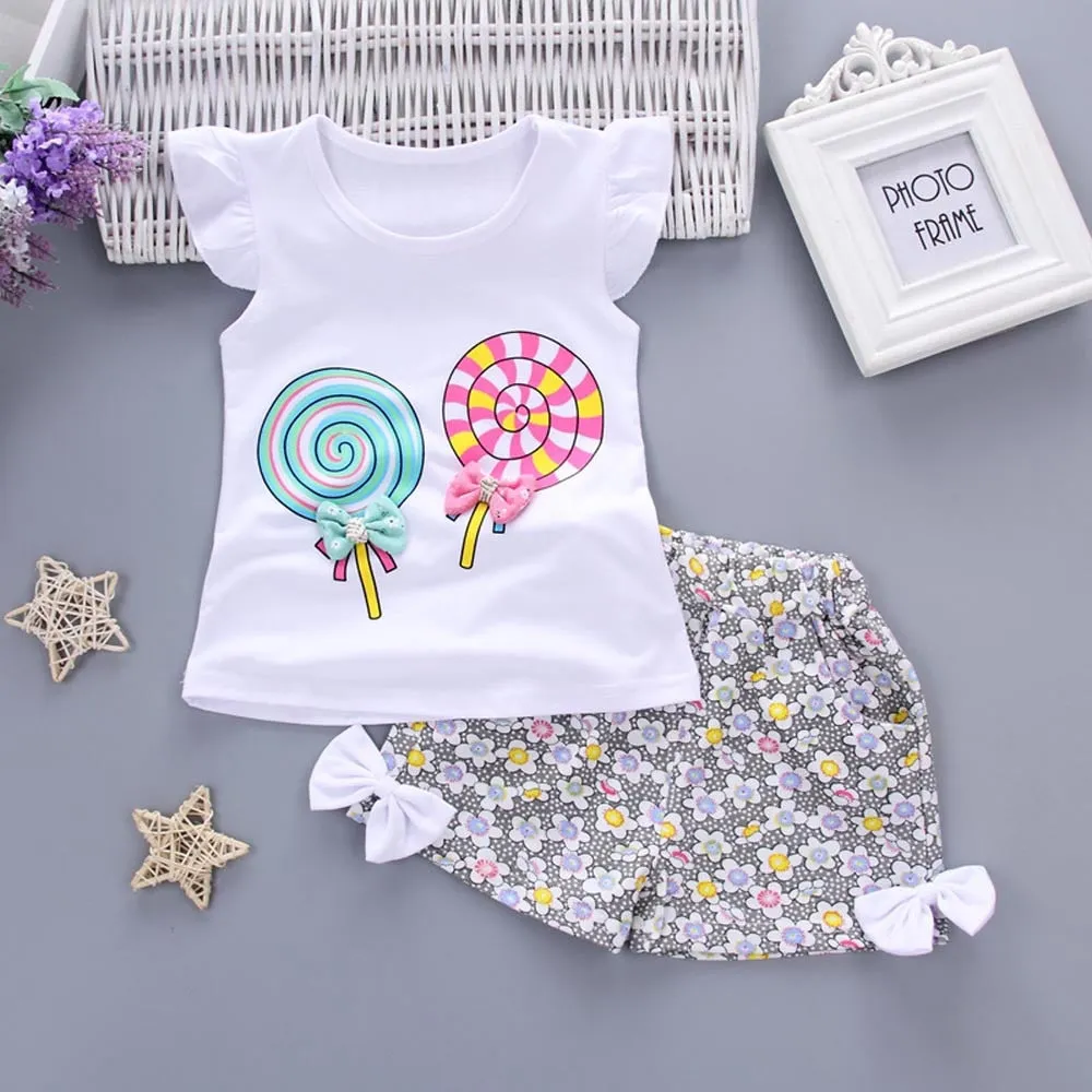 2Pcs Baby Girl Set Lolly Sleeveless T-shirt Tops and Short Print Pants Clothes Set
