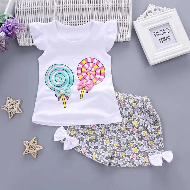 2Pcs Baby Girl Set Lolly Sleeveless T-shirt Tops and Short Print Pants Clothes Set