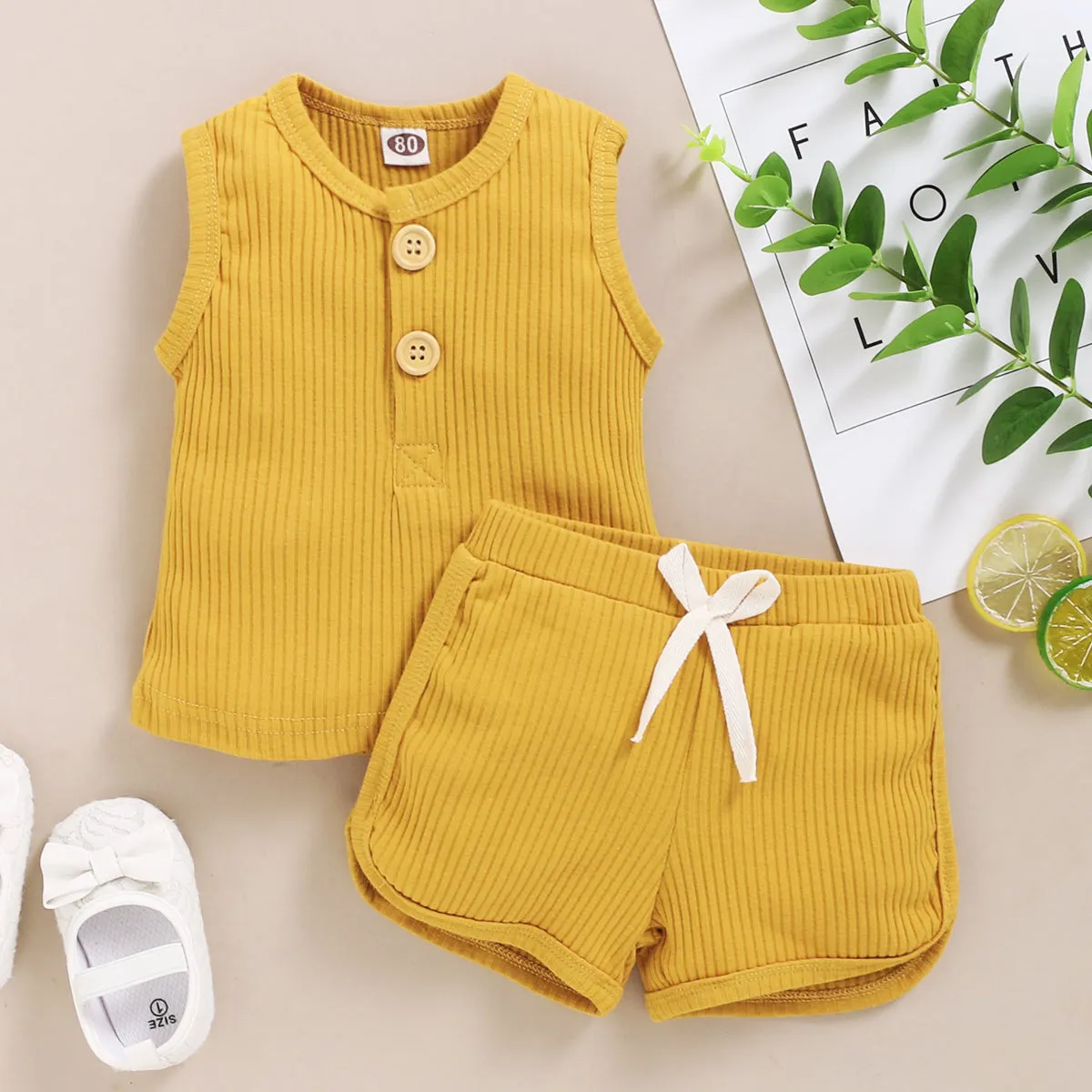 2Pcs Baby Toddler Boys Girls Solid Sleeveless Button Vest Tops and shorts Outfits Set