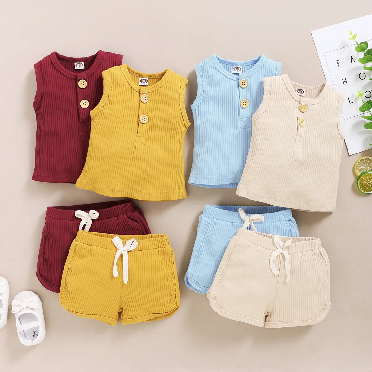 2Pcs Baby Toddler Boys Girls Solid Sleeveless Button Vest Tops and shorts Outfits Set