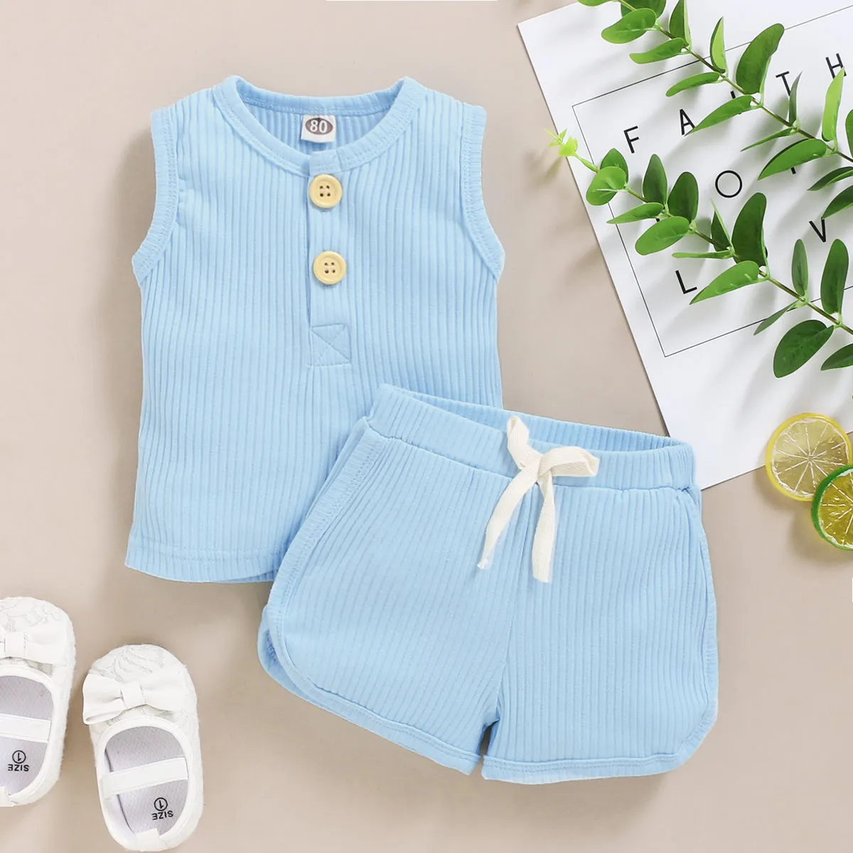 2Pcs Baby Toddler Boys Girls Solid Sleeveless Button Vest Tops and shorts Outfits Set