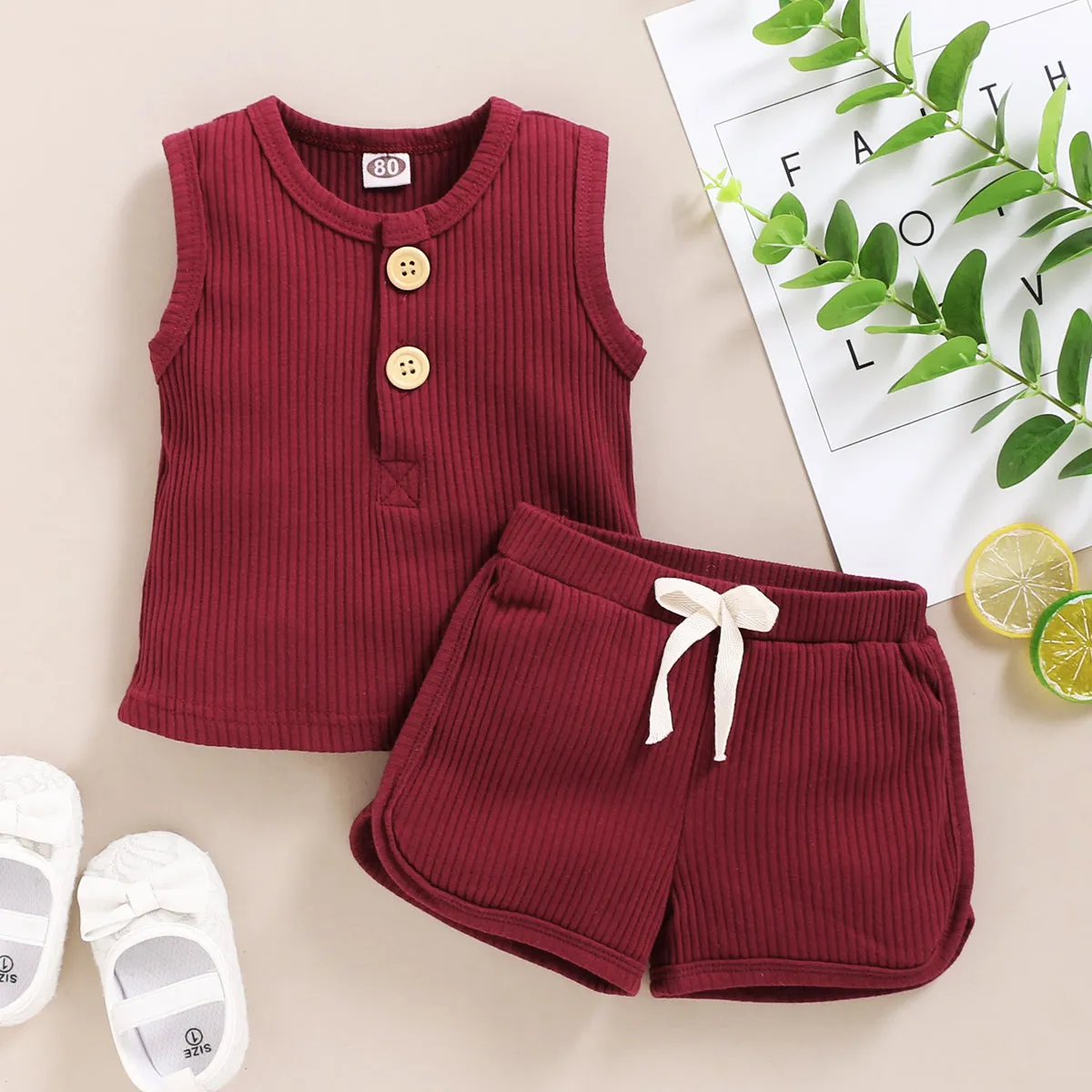 2Pcs Baby Toddler Boys Girls Solid Sleeveless Button Vest Tops and shorts Outfits Set