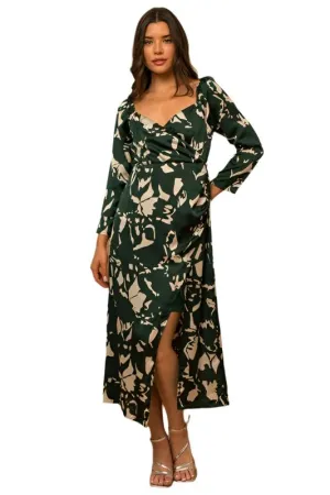 3/4 Sleeve Surplice Back Smocking Wrap Midi Dress