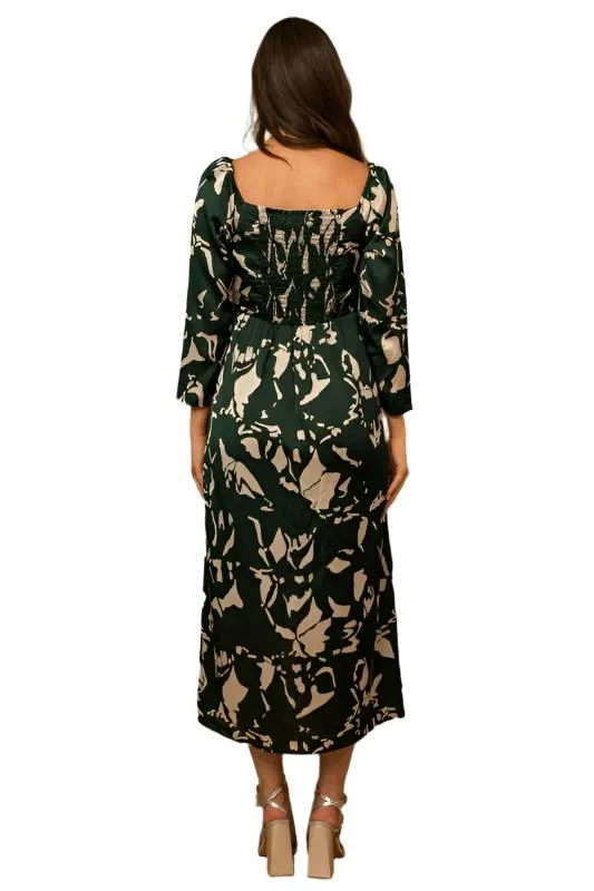 3/4 Sleeve Surplice Back Smocking Wrap Midi Dress