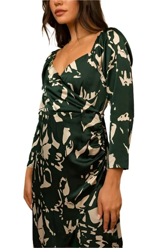 3/4 Sleeve Surplice Back Smocking Wrap Midi Dress