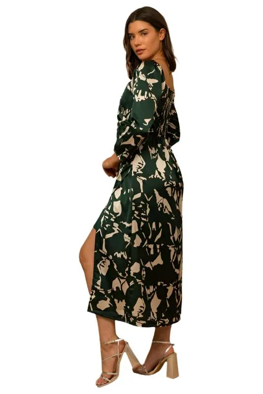 3/4 Sleeve Surplice Back Smocking Wrap Midi Dress