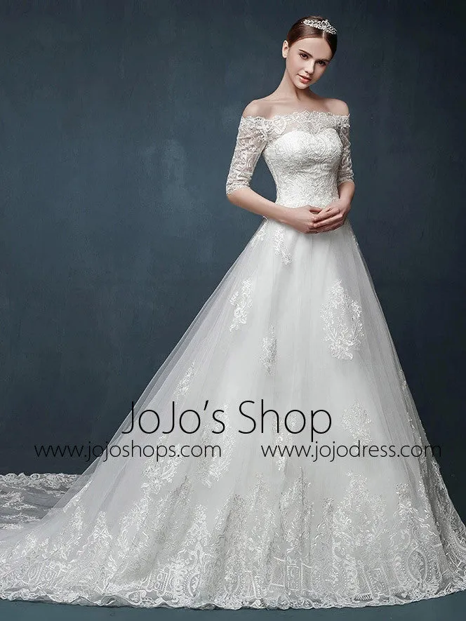 A-line Lace Wedding Dress with Off Shoulder Sleeves