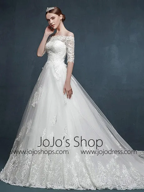A-line Lace Wedding Dress with Off Shoulder Sleeves
