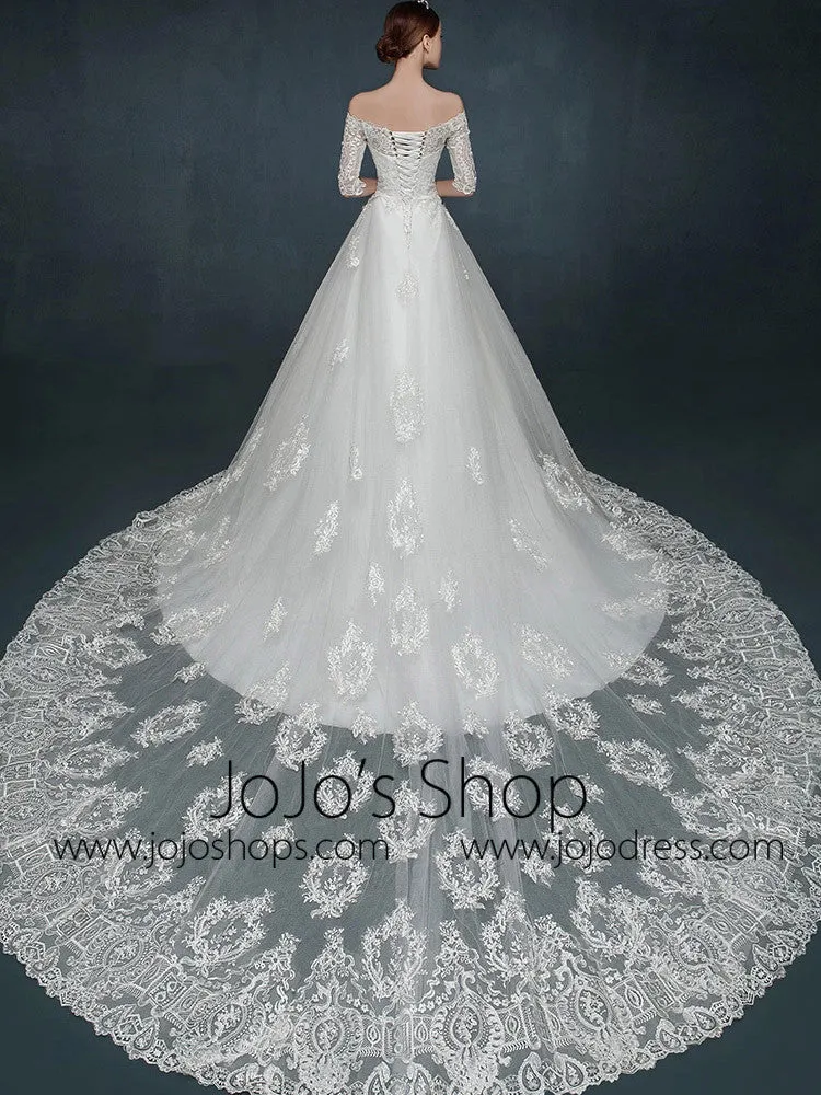 A-line Lace Wedding Dress with Off Shoulder Sleeves