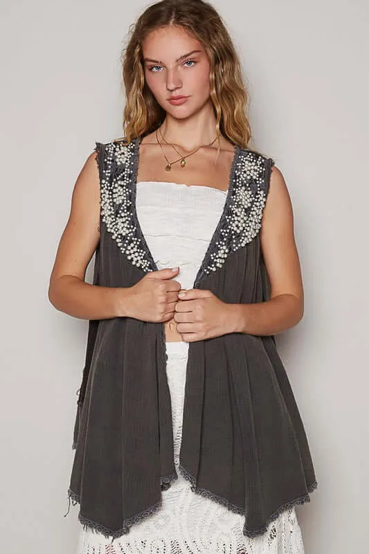 All in the Details Embroidered and Pearls Open Front Vest in Charcoal
