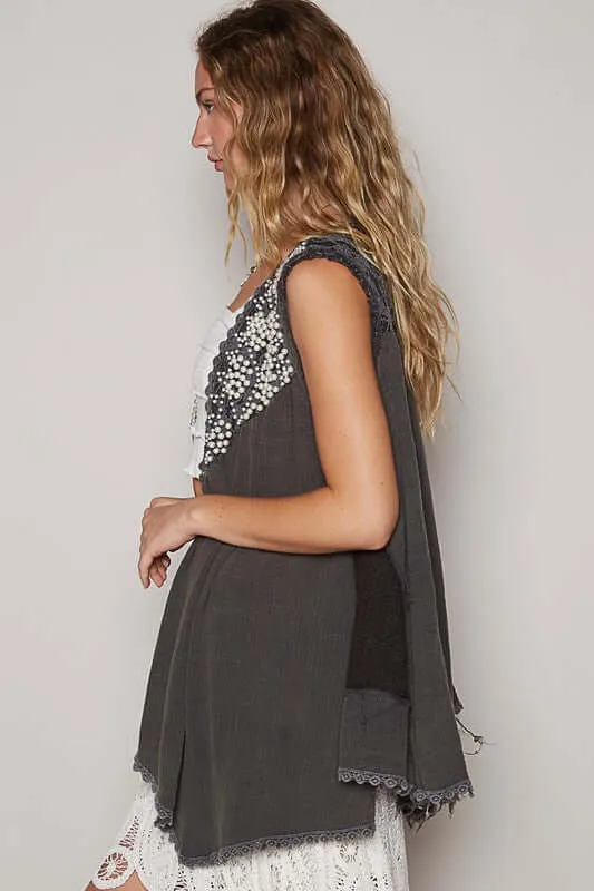 All in the Details Embroidered and Pearls Open Front Vest in Charcoal