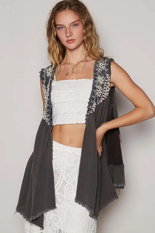 All in the Details Embroidered and Pearls Open Front Vest in Charcoal