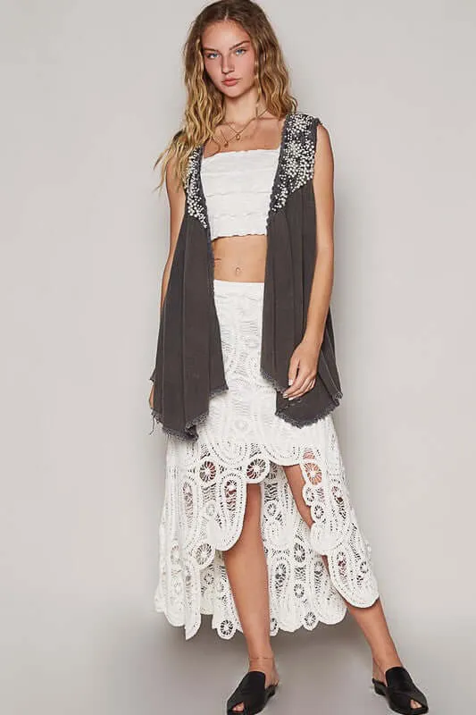 All in the Details Embroidered and Pearls Open Front Vest in Charcoal