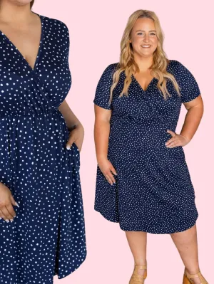 Allison Faux-Wrap Short Sleeve Dress in Navy Polkadot