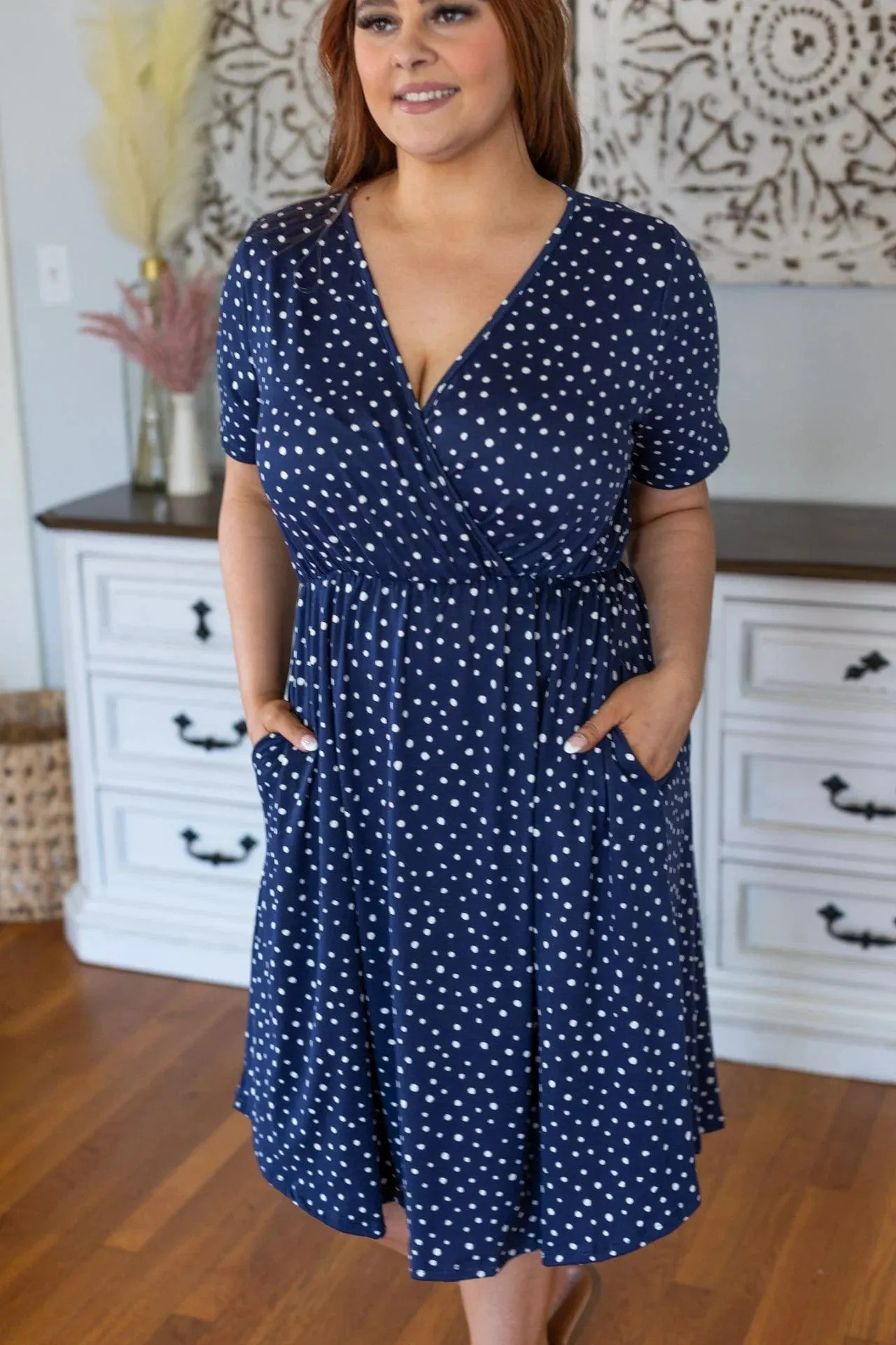 Allison Faux-Wrap Short Sleeve Dress in Navy Polkadot