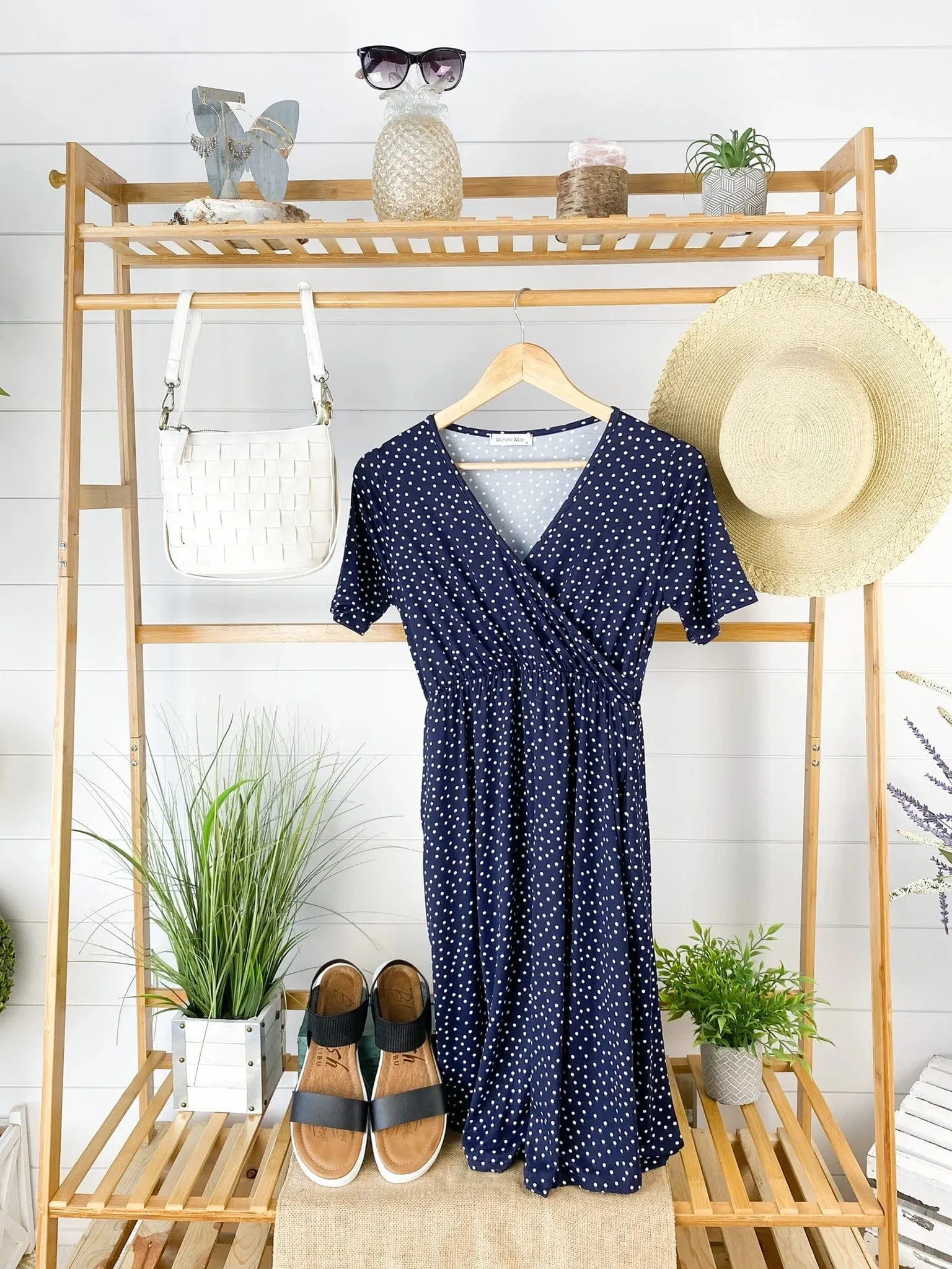 Allison Faux-Wrap Short Sleeve Dress in Navy Polkadot
