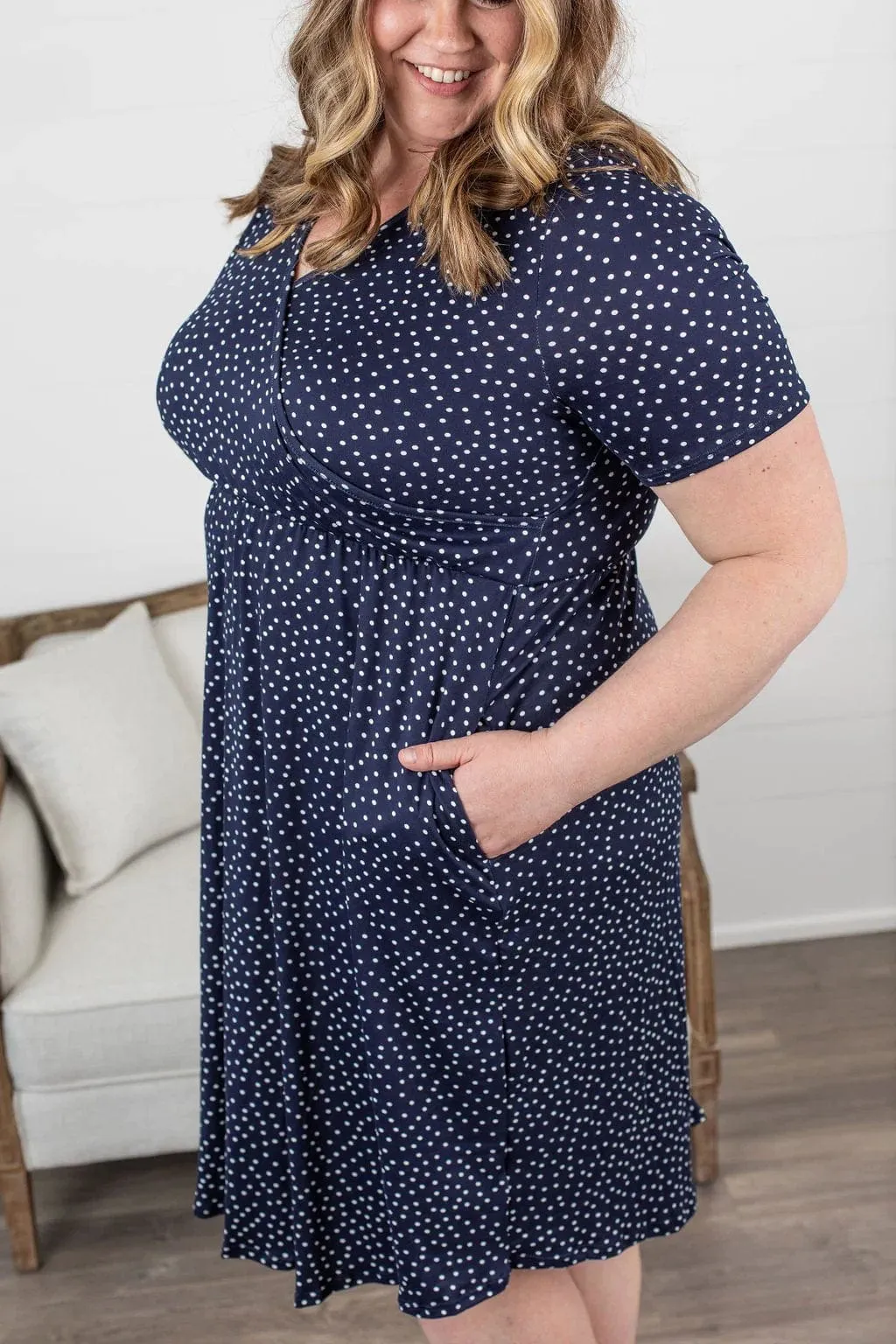 Allison Faux-Wrap Short Sleeve Dress in Navy Polkadot