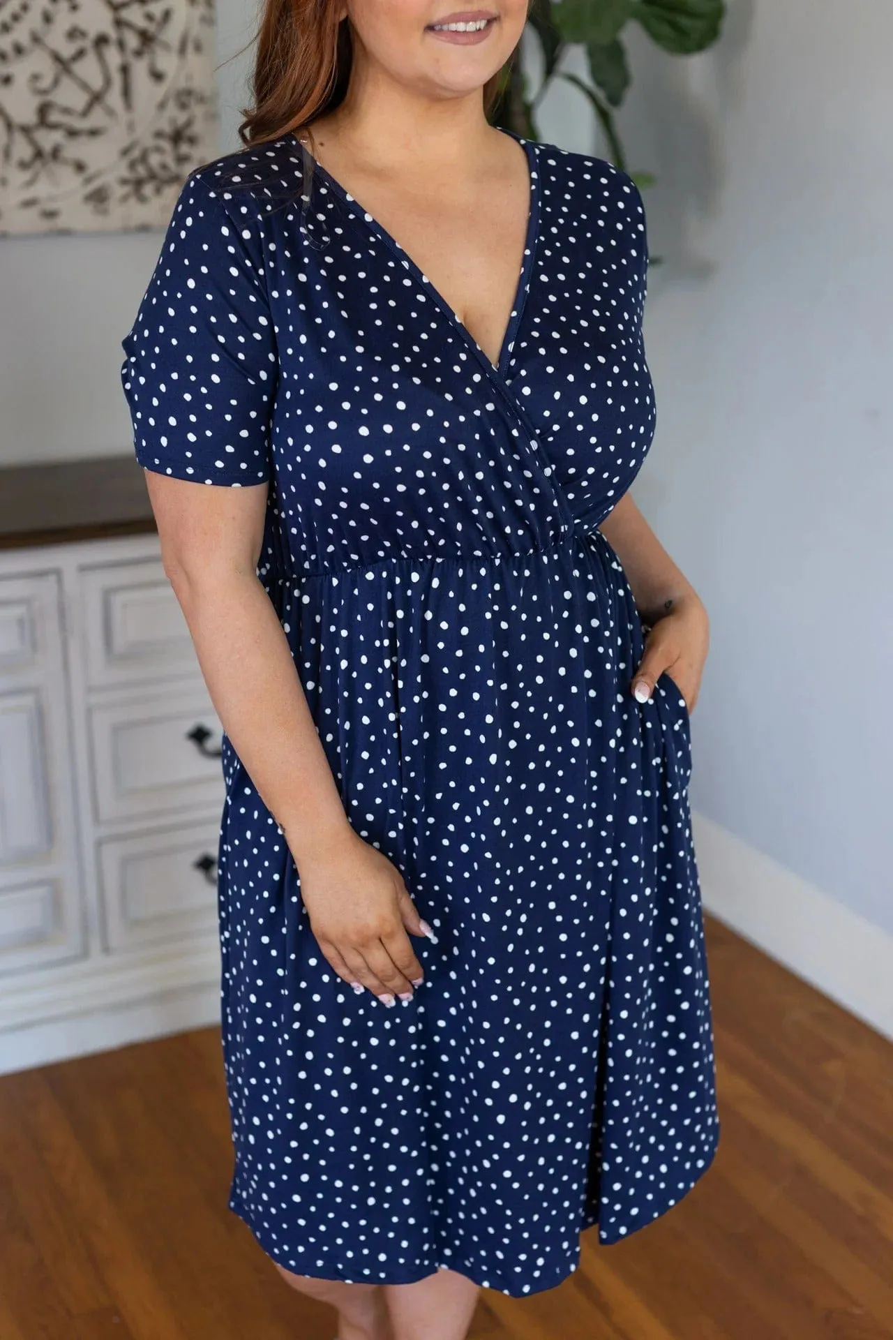 Allison Faux-Wrap Short Sleeve Dress in Navy Polkadot