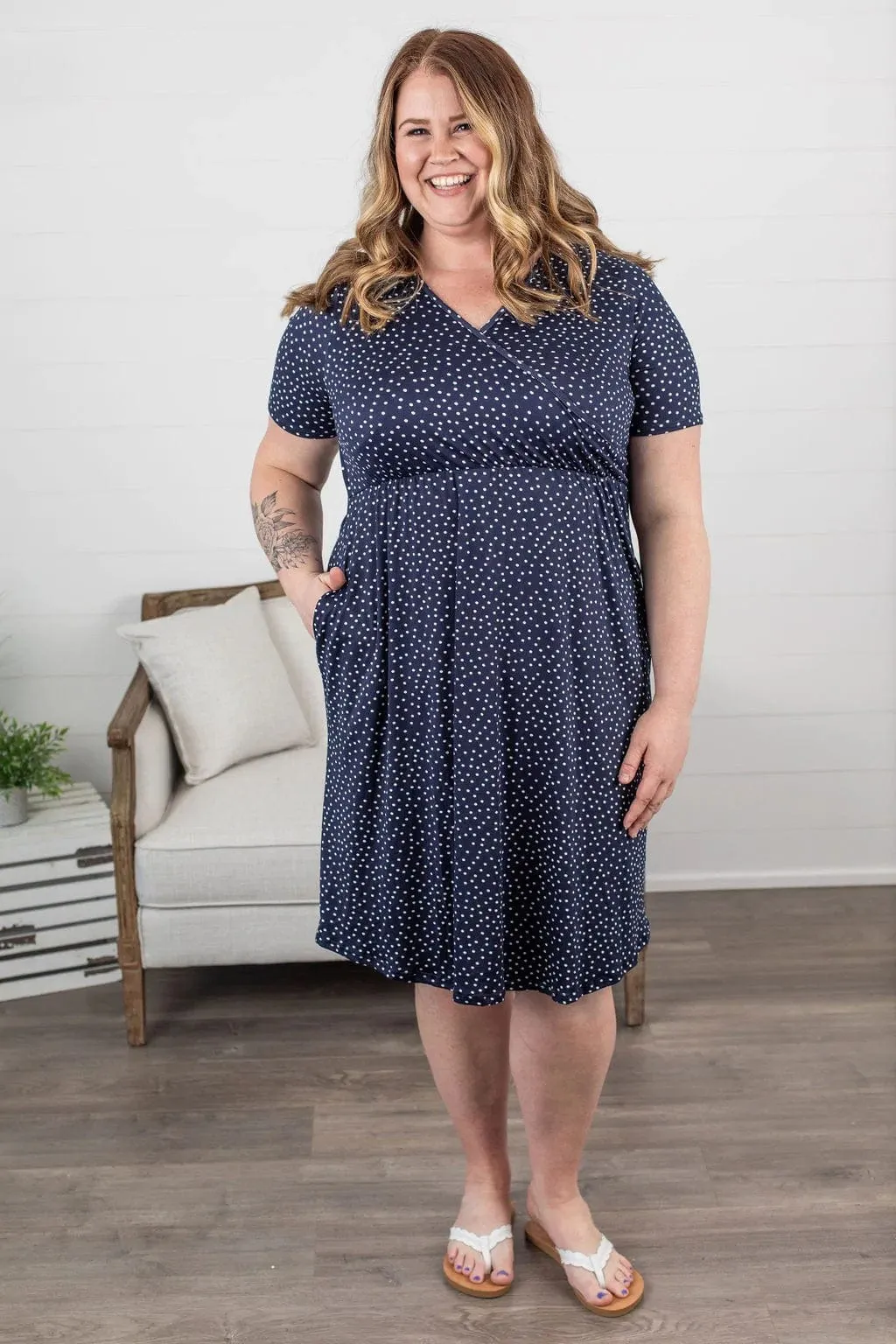 Allison Faux-Wrap Short Sleeve Dress in Navy Polkadot