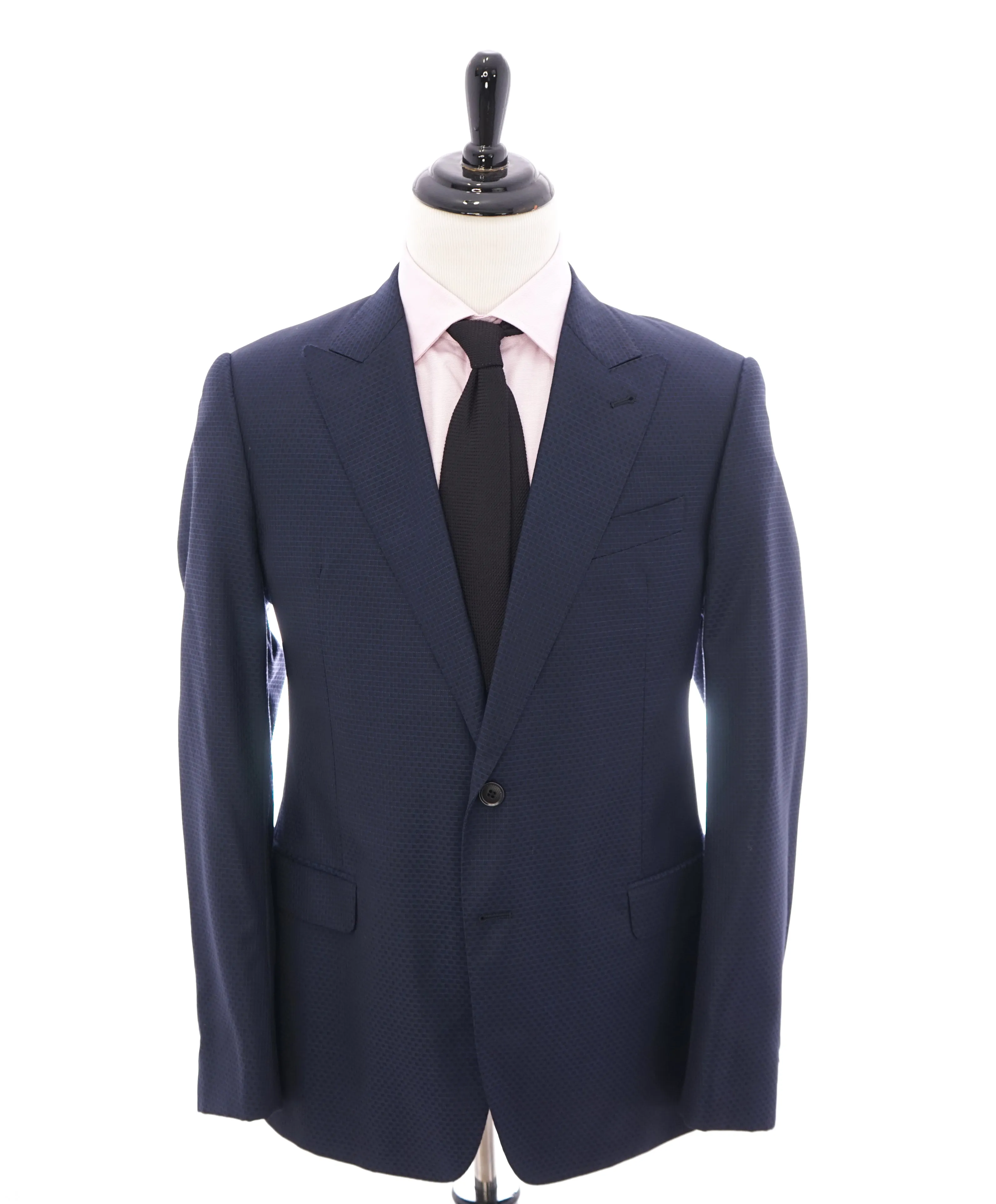 ARMANI COLLEZIONI - “S Line” Slim Blue Geometric Check Wide Peak lapel Suit - 42R