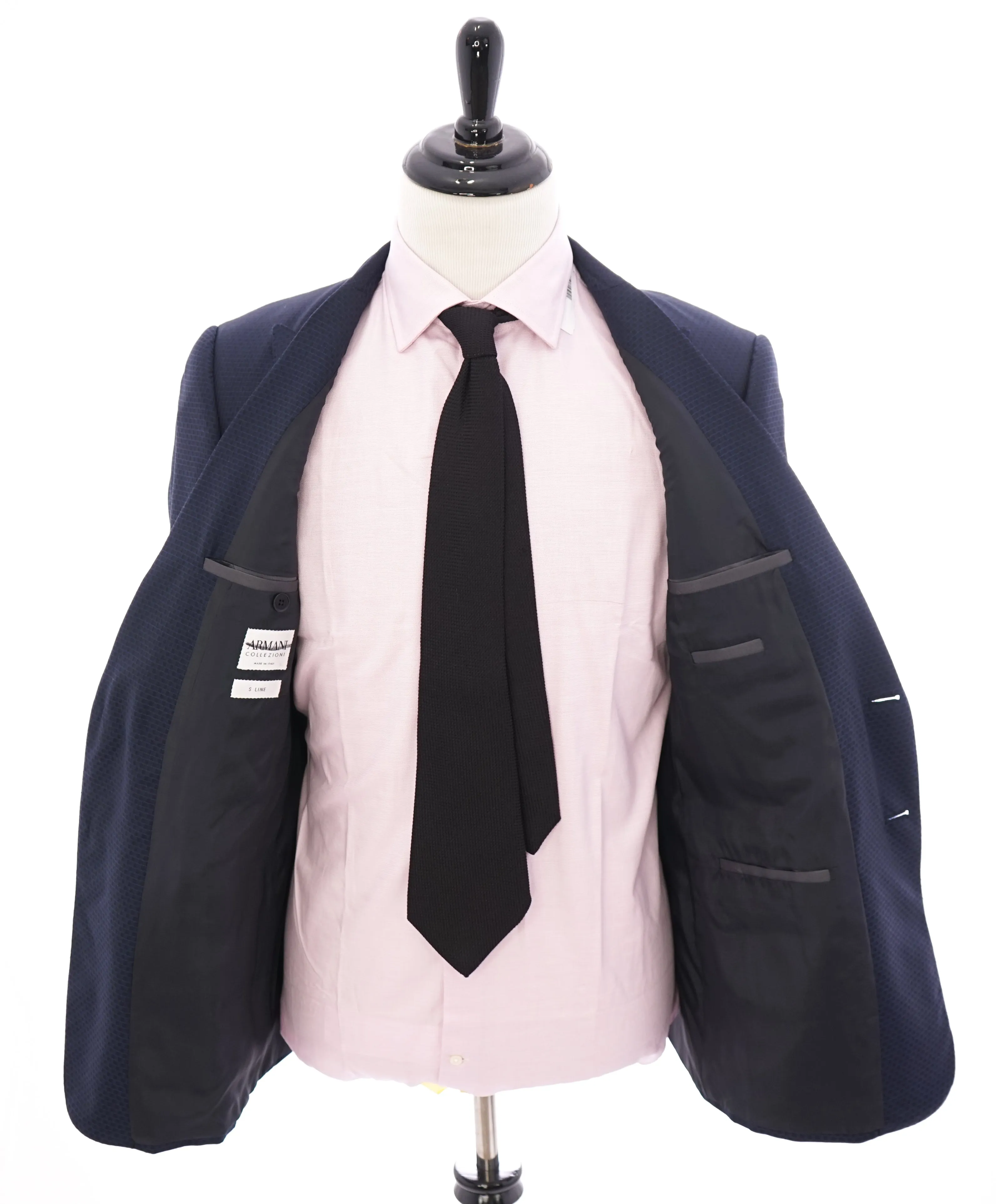 ARMANI COLLEZIONI - “S Line” Slim Blue Geometric Check Wide Peak lapel Suit - 42R