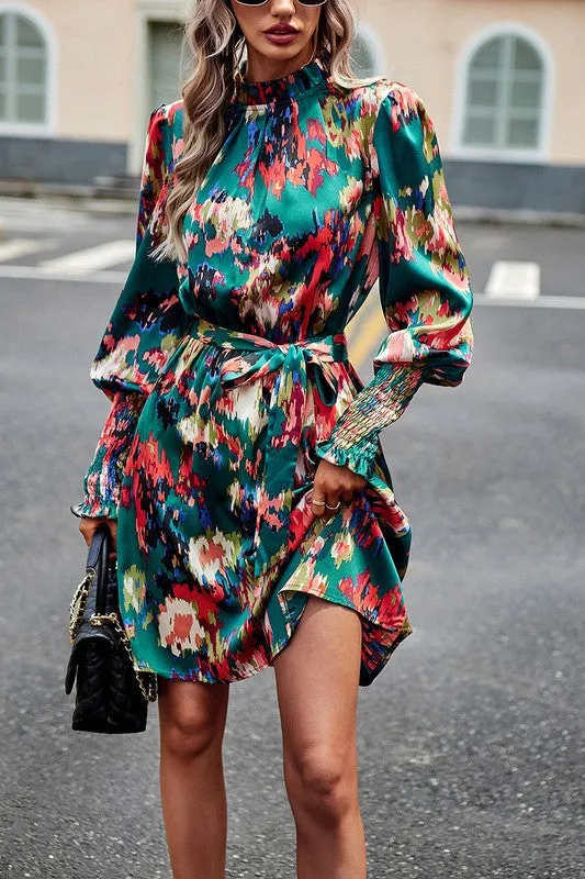 Artsy Floral Tie Waist Dress