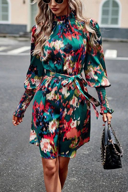 Artsy Floral Tie Waist Dress