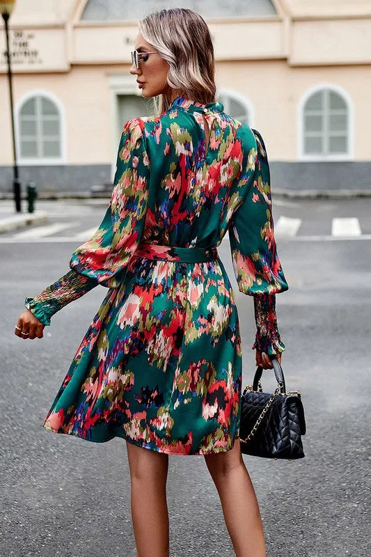 Artsy Floral Tie Waist Dress