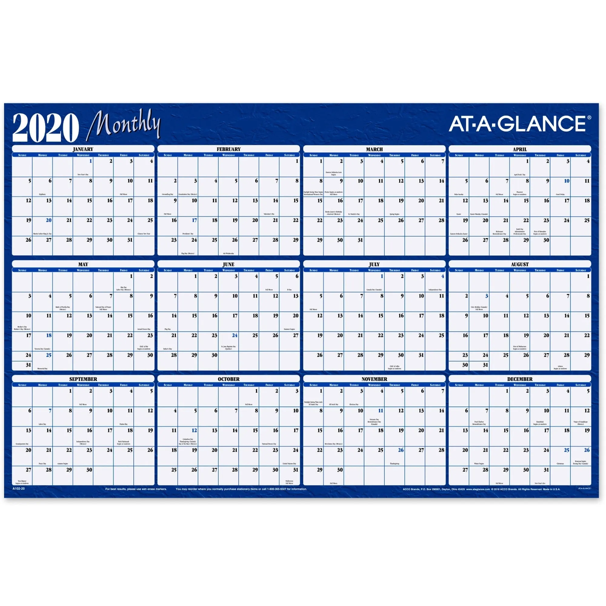At-A-Glance Erasable/Reversible Horizontal Yearly Wall Planner