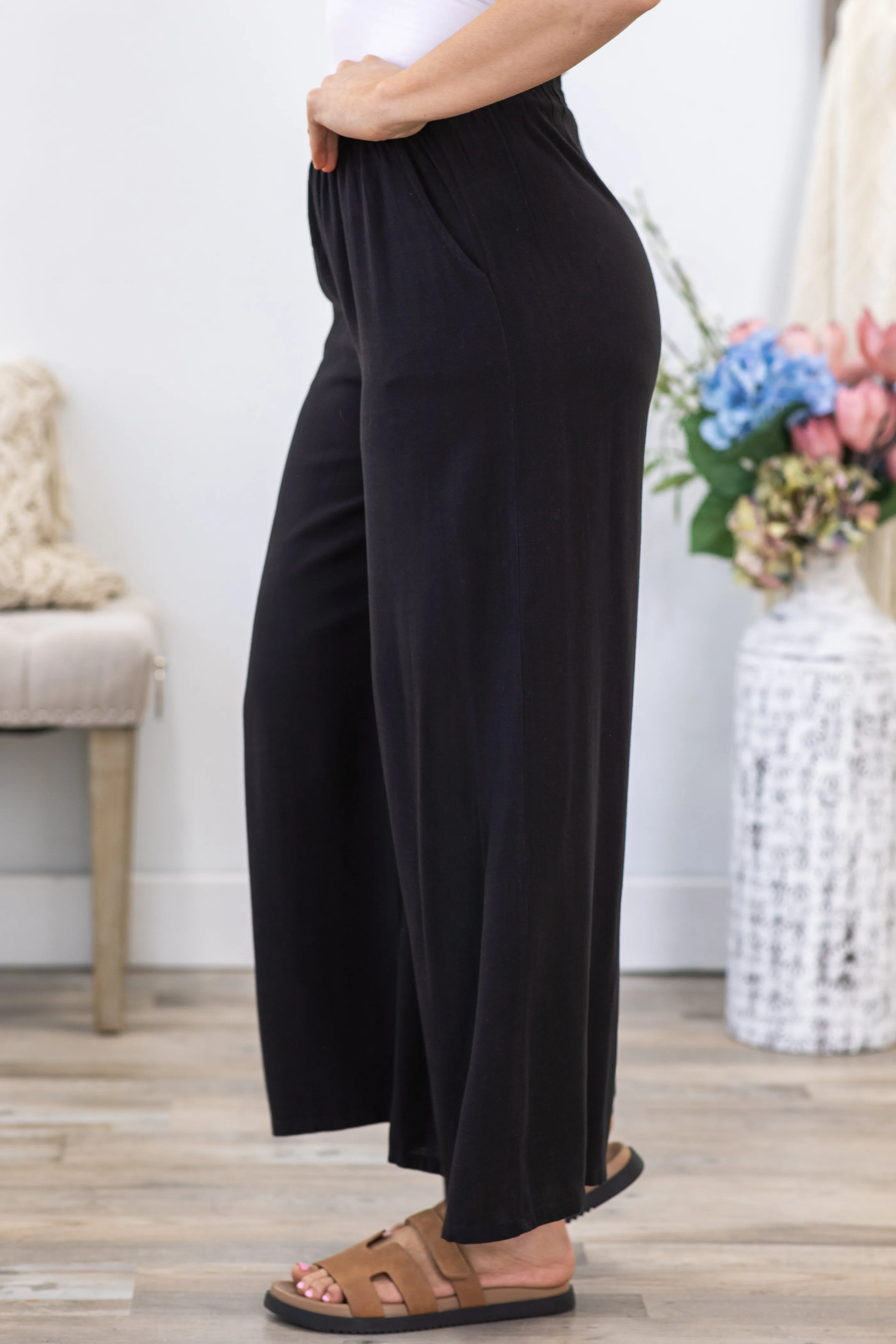 Black Elastic Waist Pleated Wide Leg Pants
