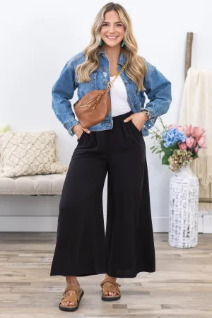 Black Elastic Waist Pleated Wide Leg Pants