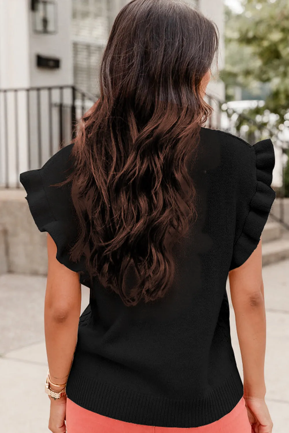 Black Retro Cable Knit Ruffle Sleeveless Sweater