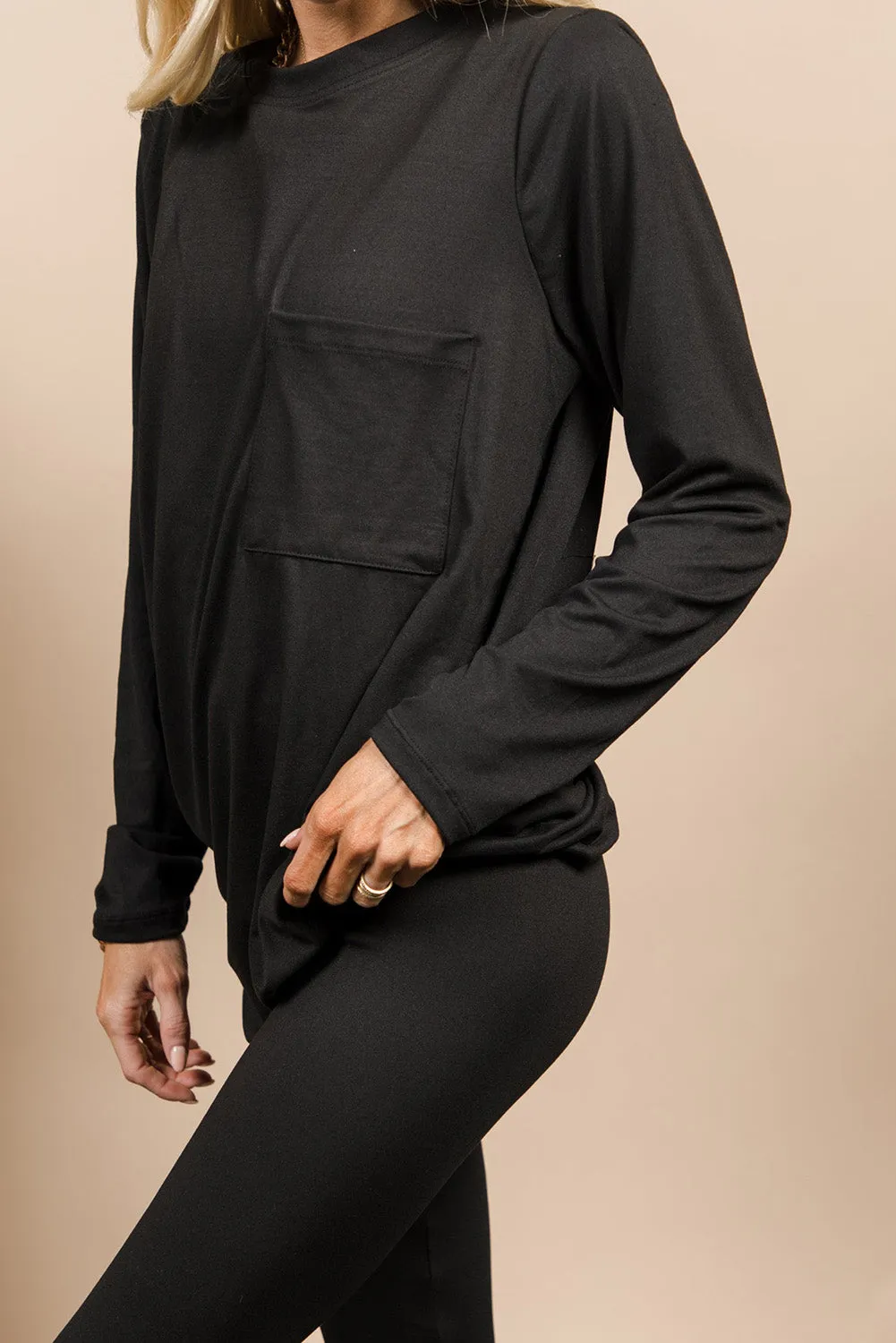 Black Solid Tunic Top and Slim Fit Pants Two Piece Set