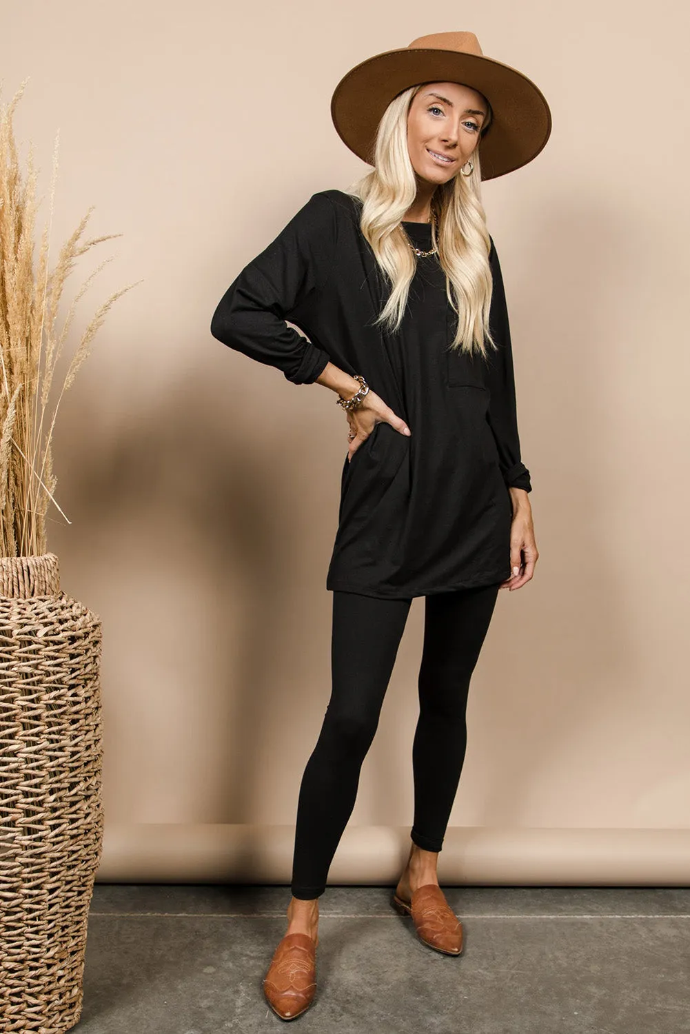 Black Solid Tunic Top and Slim Fit Pants Two Piece Set