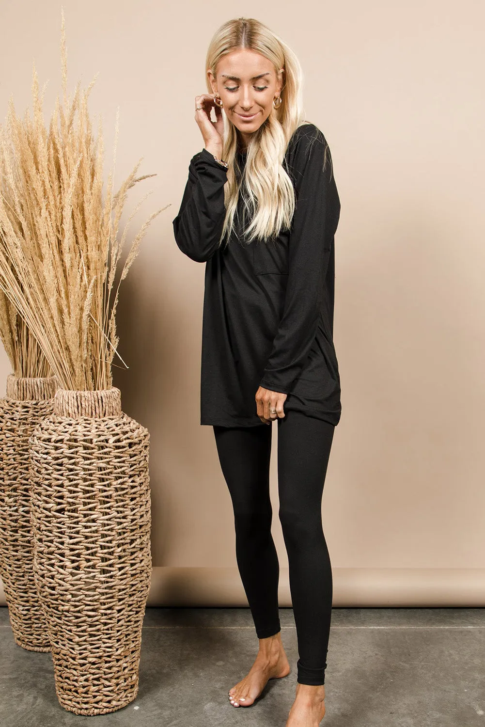 Black Solid Tunic Top and Slim Fit Pants Two Piece Set