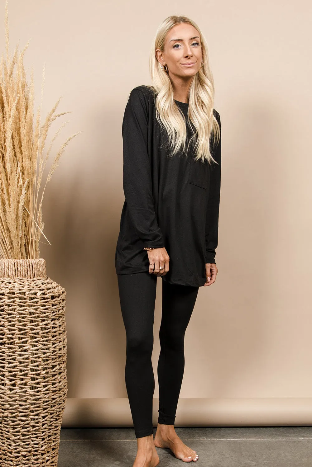 Black Solid Tunic Top and Slim Fit Pants Two Piece Set