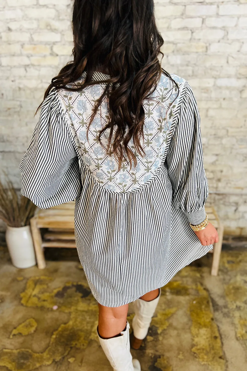 Black Stripe Floral Patchwork Tied V Neck Shift Long Sleeve Mini Dress