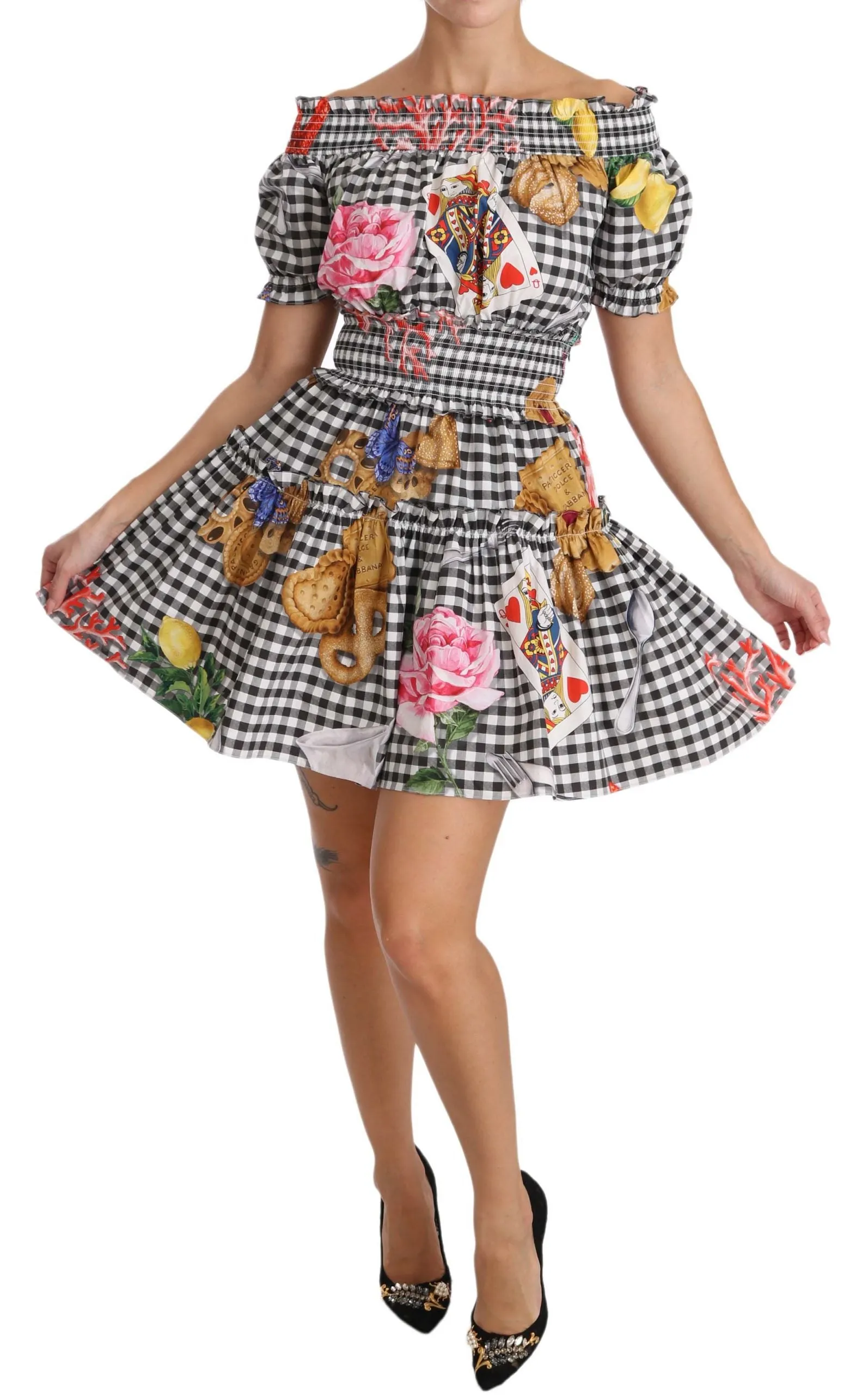 Black White Check Sicily Roses Lemon Dress