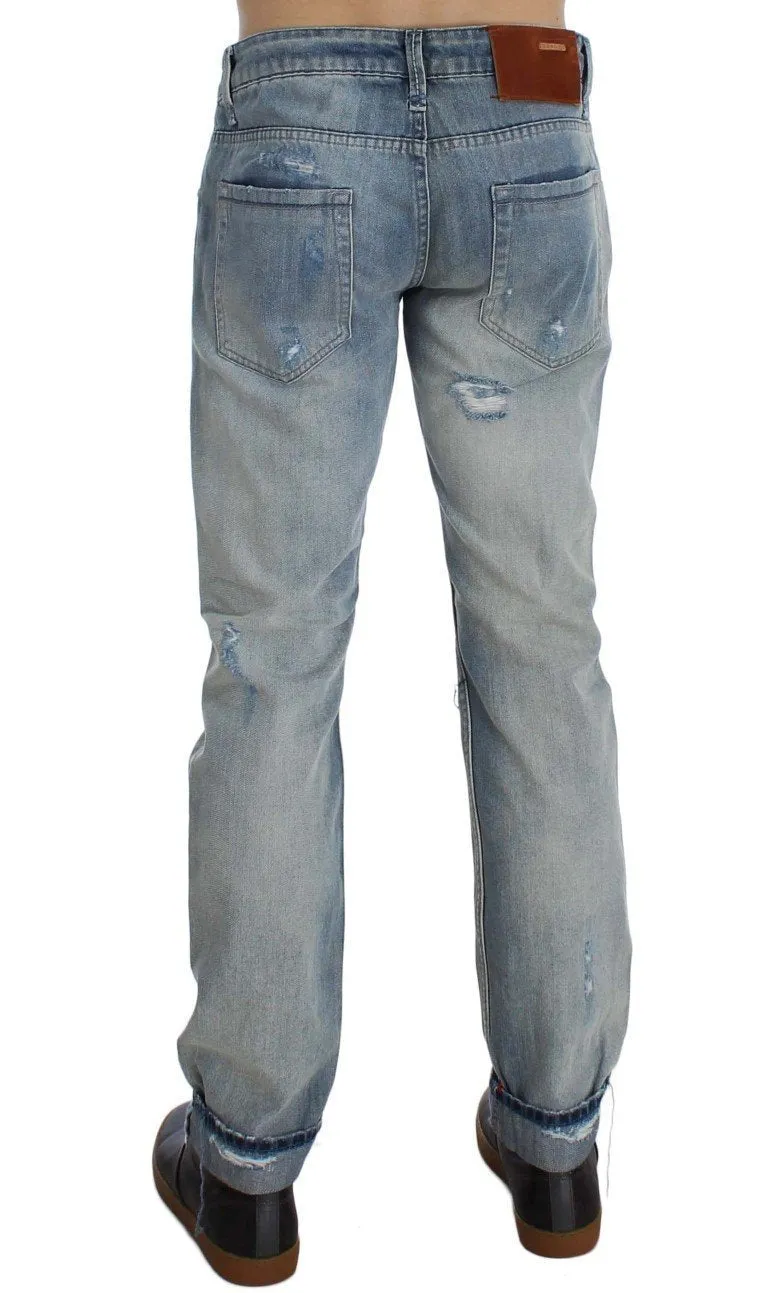 Blue Wash Torn Denim Cotton Slim Fit Jeans