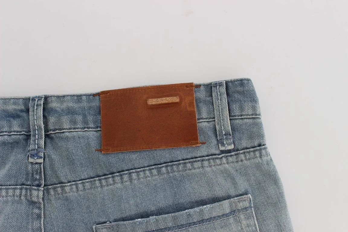 Blue Wash Torn Denim Cotton Slim Fit Jeans