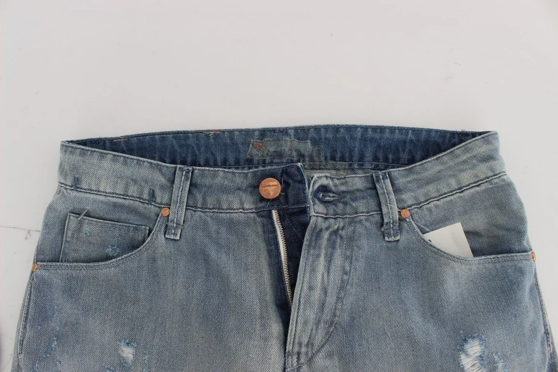 Blue Wash Torn Denim Cotton Slim Fit Jeans