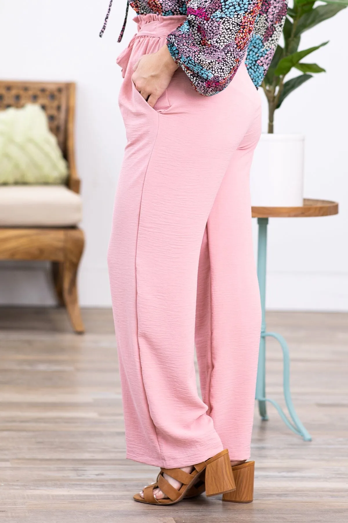 Blush Self Tie Elastic Waist Wide Leg Pants