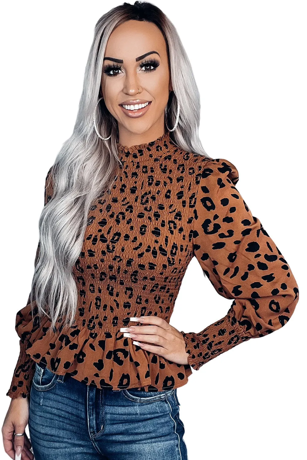 Brown Leopard Smocked Puff Sleeve Peplum Top